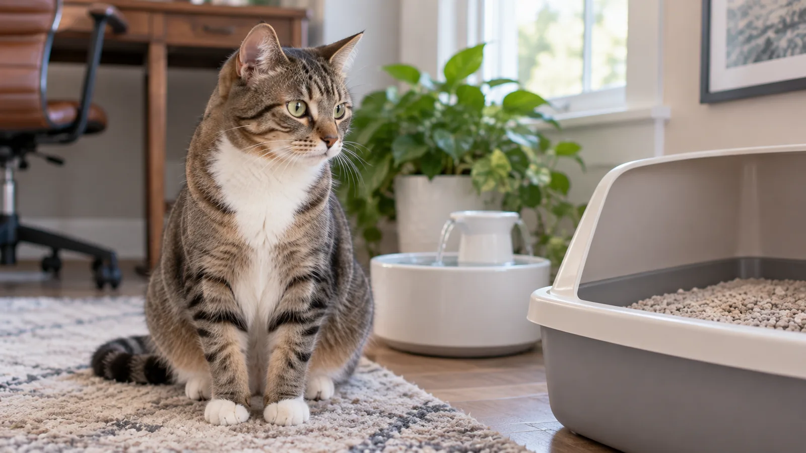 A brown tabby cat sitting on a rug beside an open litter box and a pet water fountain.