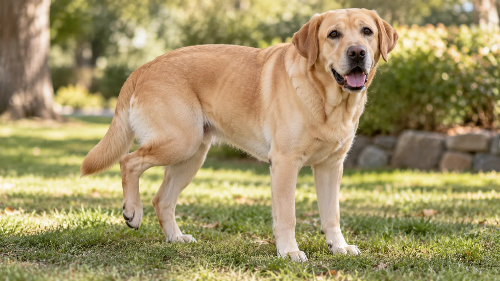 A yellow Labrador standing on a sunny lawn, holding one hind paw lifted off the grass.